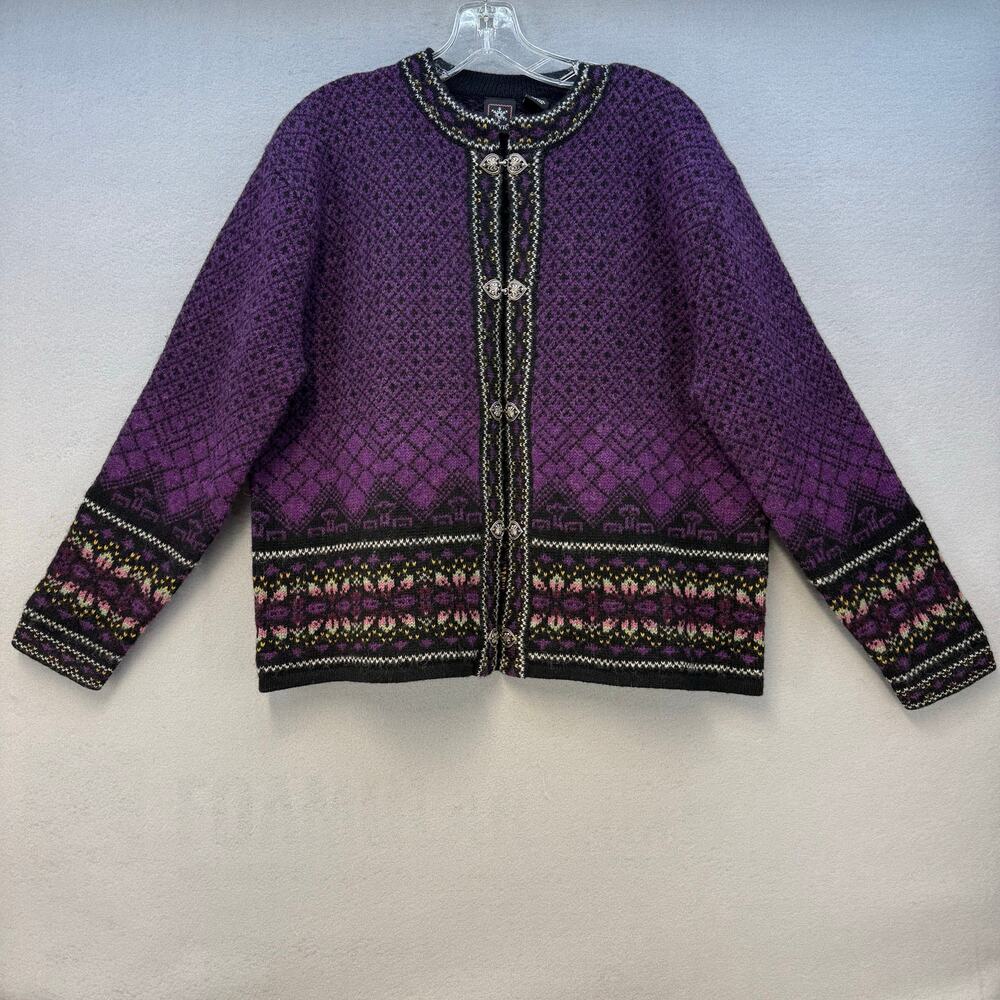 Skyr Cardigan Women's M Purple Green White 100% Wool Fair Isle Silver Frogs